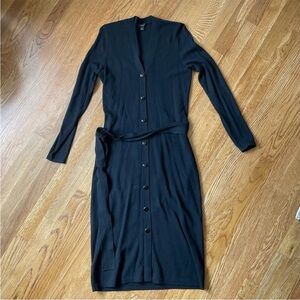 Ann Taylor Black Button-Front Midi Dress with Waist Tie